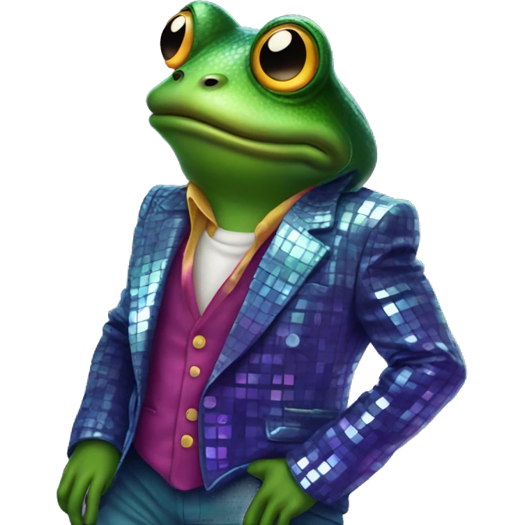 frog dressed like a 1980’s disco man emoji
