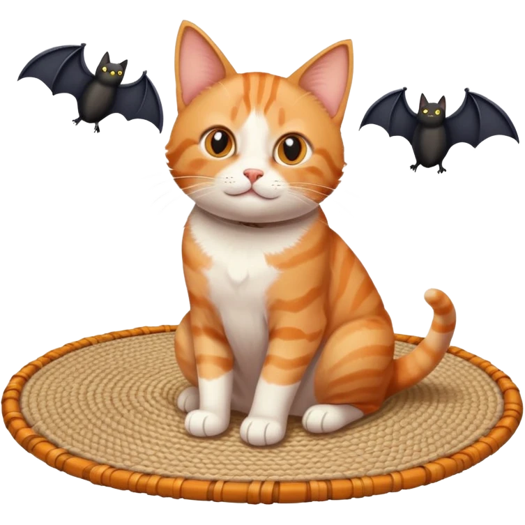 cat sitting on a mat with two bats flying nearby emoji