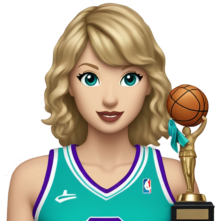 Taylor Swift wearing purple and aqua basketball uniform holding trophy with SWIFTYS on uniform  emoji