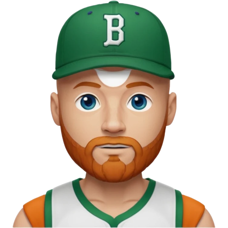 Keep same emoji bald guy with a ginger beard, blue eyes and muscles, add Boston Celtics jersey and Baseball cap emoji