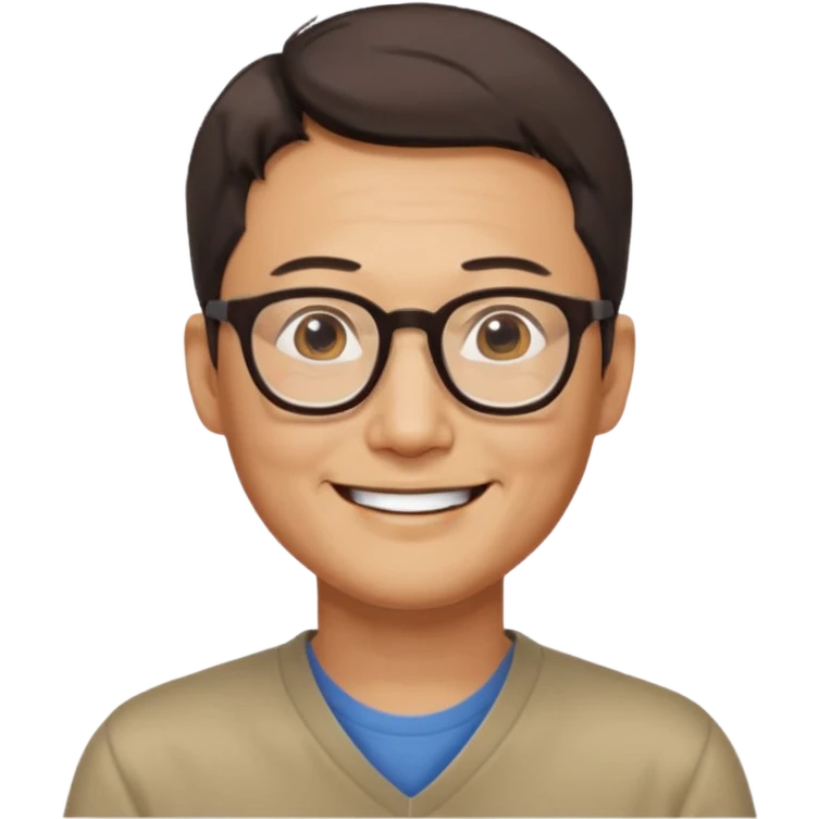 안경을 낀 40대 표준 체격의 한국인 남성, 머리가 아주 짧음, 활짝 웃고 있음 emoji