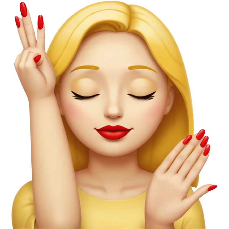 Standard yellow emoji face with closed eyes forming upward curved lines, visible eyelashes, pursed lips with red lipstick, and a hand showing only the thumb out with all other fingers closed against the palm, painted nails emoji