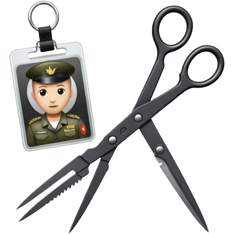 Floating black Scissors cutting an idf soldier ID card in 2 parts .hyper realistic emoji