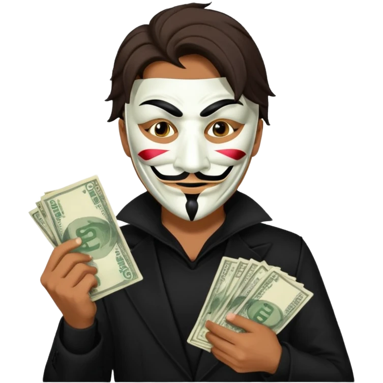 A man in black clothes with an Anonymous mask, holding money, ember text emoji