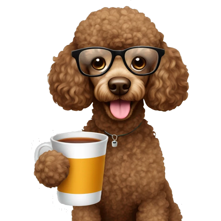 Brown poodle with glasses reading and drinking a cup of tea emoji