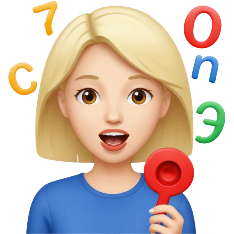 a woman is talking and English letters are coming out of her mouth emoji