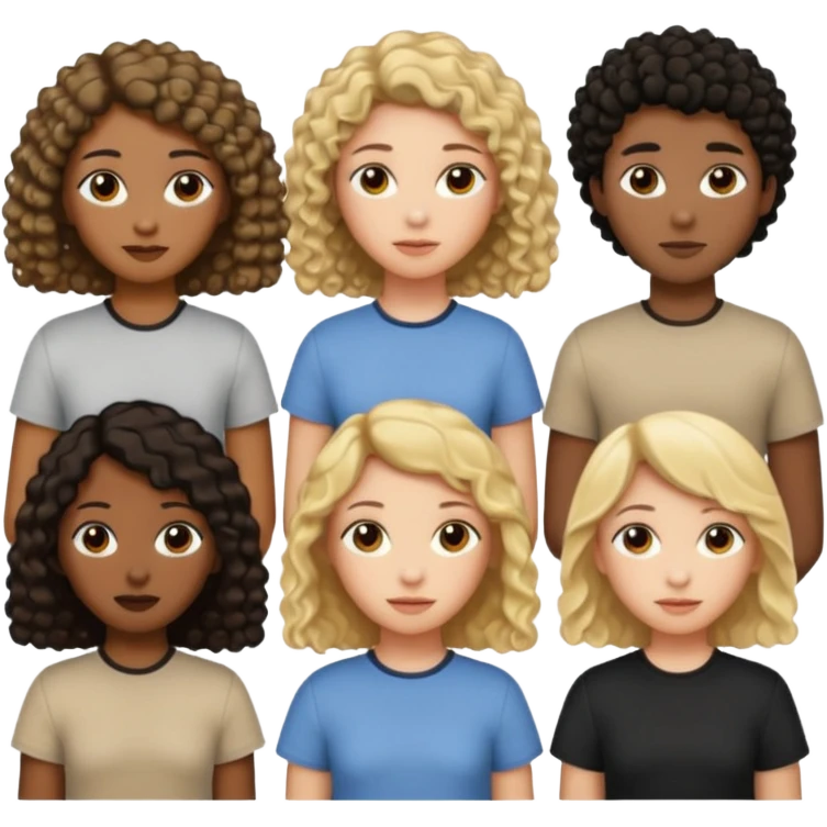 group of people  together ; men and women with one with brown straight hair one with blonde hair and one with black curly hair- short hair, long hair and curly hair wearing beige shirts aesthetic no collar, brown people, white people, black people emoji