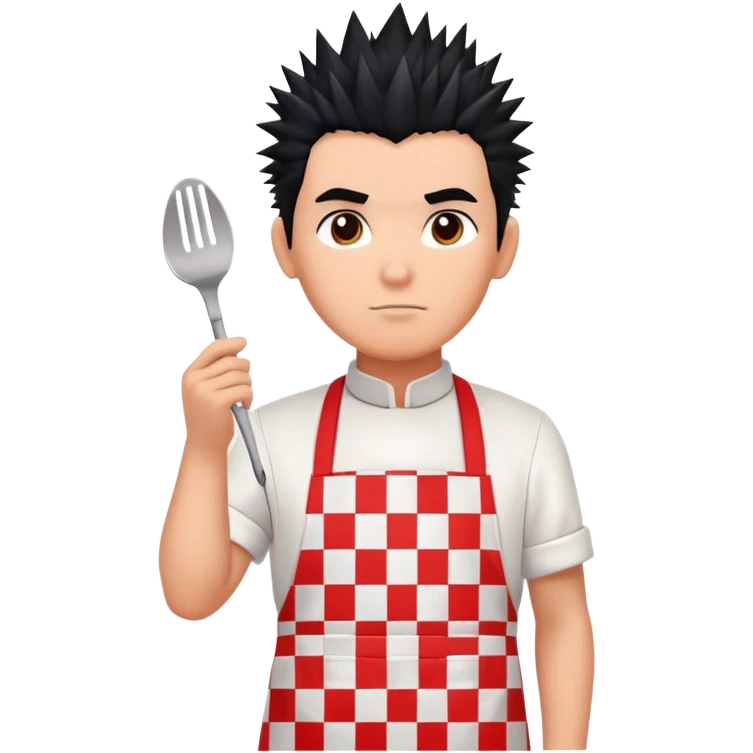 big boy with black spiky hair styled upward, wearing a white apron with red squares pattern emoji