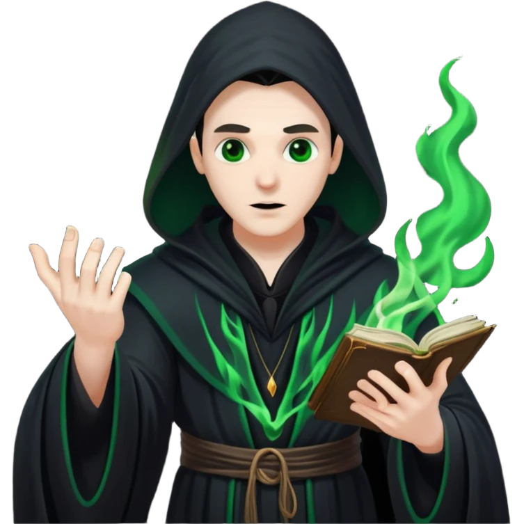 A dark sorcerer in flowing black robes, conjuring eerie green flames emoji