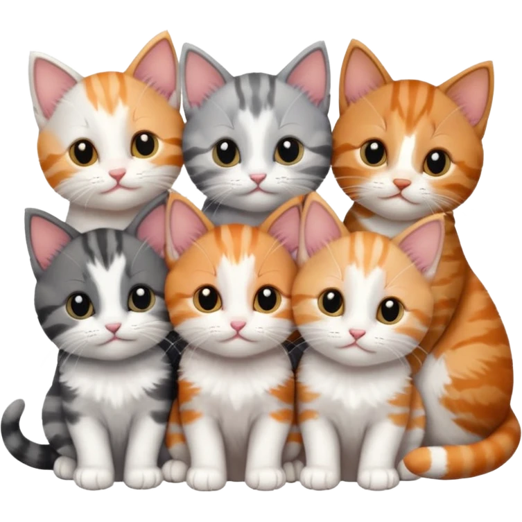 6 tiny kittens cuddling together all different colours, the first one is grey and white, the second is ginger and white and the third is brown tabby and white emoji