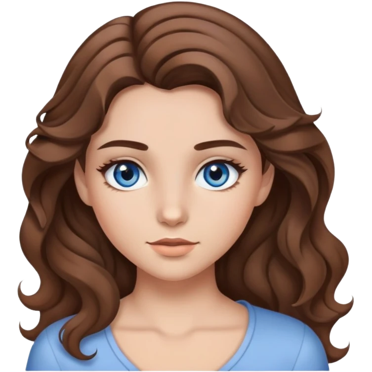 A girl with brown wavy hair with parting on the left side, gray-blue eyes and makeup emoji