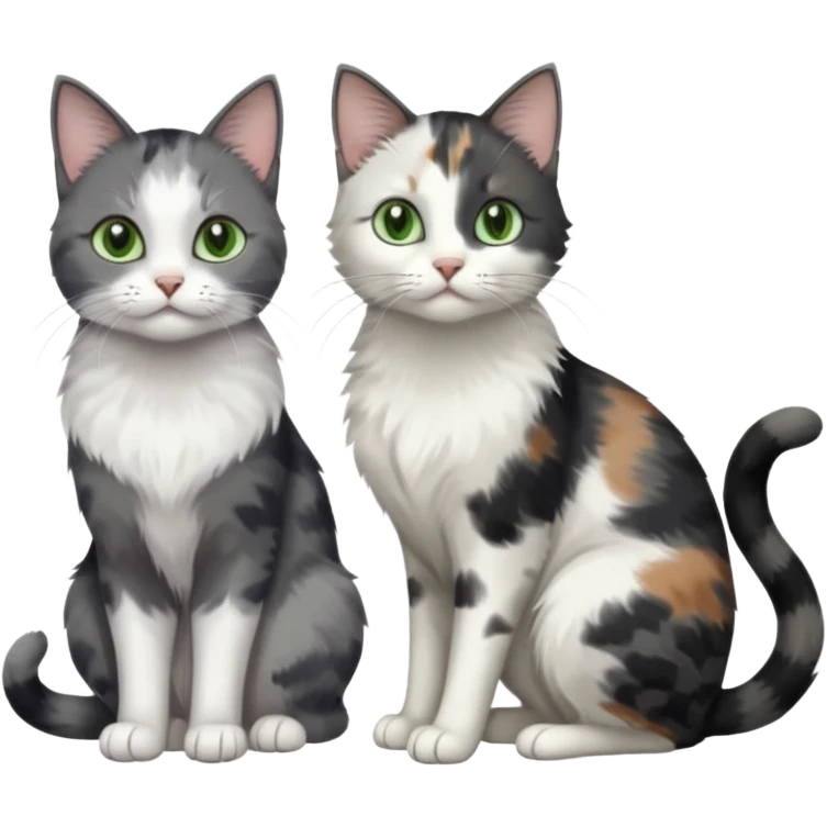 3 different coloured small cats including a dark grey and white, and a patchy calico and a completely solid dark grey with green eyes and only white paws emoji
