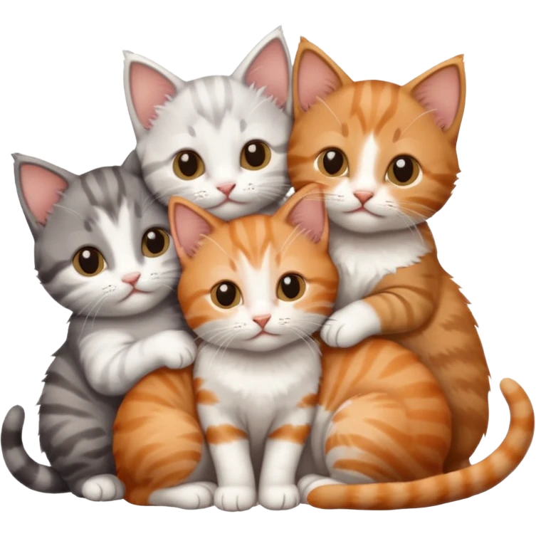 6 tiny kittens cuddling together all different colours, the first one is grey and white, the second is ginger and white and the third is brown tabby and white emoji
