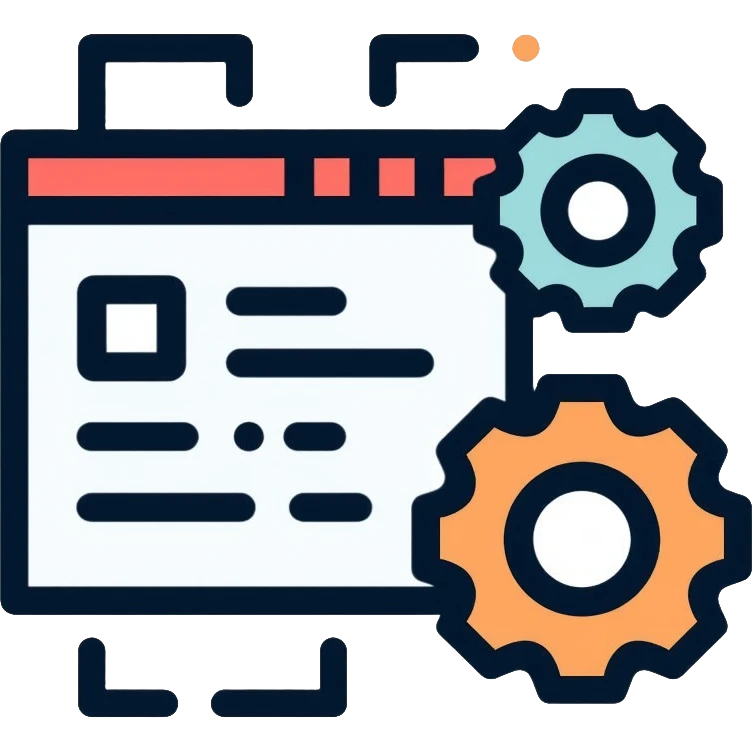 Software development icon with code brackets and gears emoji