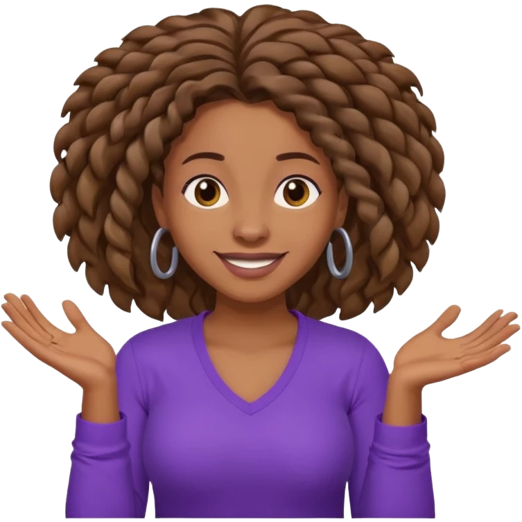 black woman with locks shrugging-smiling with purple shirt emoji