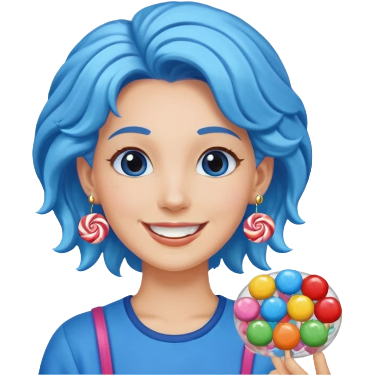 candy shop vendor, looking like candy with candy earrings and candy hair with big smile and blue emoji