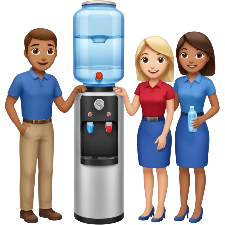 3 employees gathered around a water cooler, smiling and chatting emoji