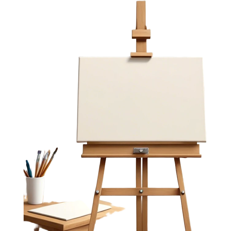 Cinematic Realistic image of a pristine canvas mounted on a sturdy wooden easel, with the canvas’ smooth surface and the easel’s detailed grain rendered in soft natural light, evoking a quiet moment of creative anticipation emoji