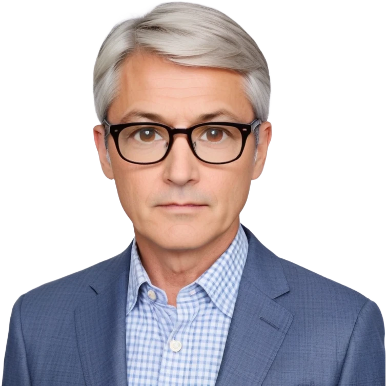 Middle-aged man around 50, square face with slight wrinkles, large dark square-framed glasses, short straight hair with subtle graying and side part. Composed serious expression. Wearing a light gray blazer over a white button-up shirt with blue checkered pattern. emoji
