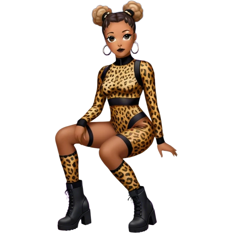 Melanie Brown with her hair in space buns and wearing a tight leopard print two piece bodysuit and black combat boots emoji
