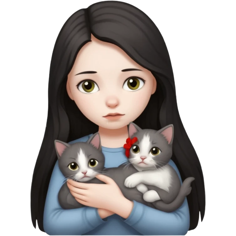 Девушка с тёмными длинными волосами сидит грустная с котёнком в руках emoji