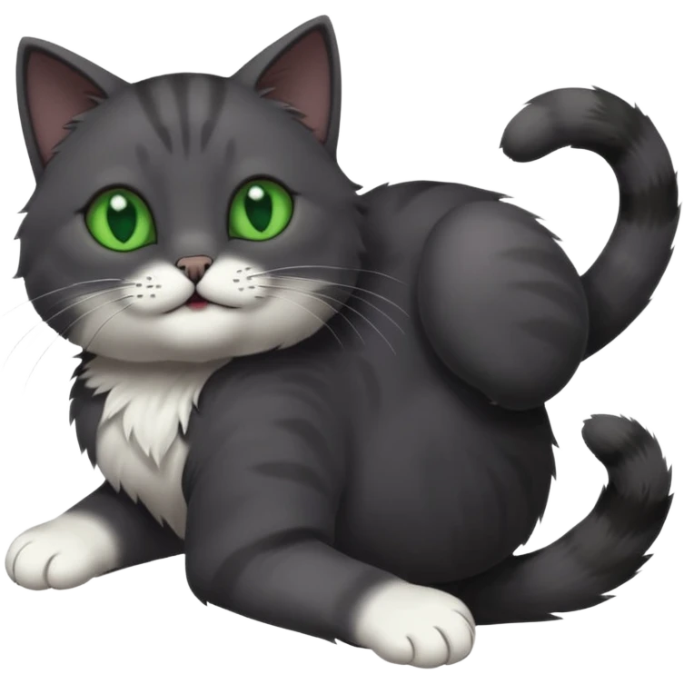 solid dark grey cat with green eyes, completely solid grey face, white toes/paws playfully rolling upside down emoji
