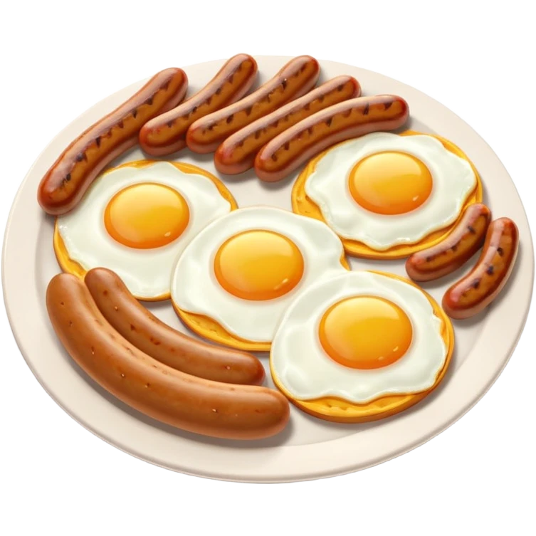 sausage and eggs object icon, fried eggs with sunny yolks, grilled sausages, warm breakfast vibe, delicious food presentation, 3D cartoon style, mobile game icon style, centered, clean background, no text, no watermark
 emoji