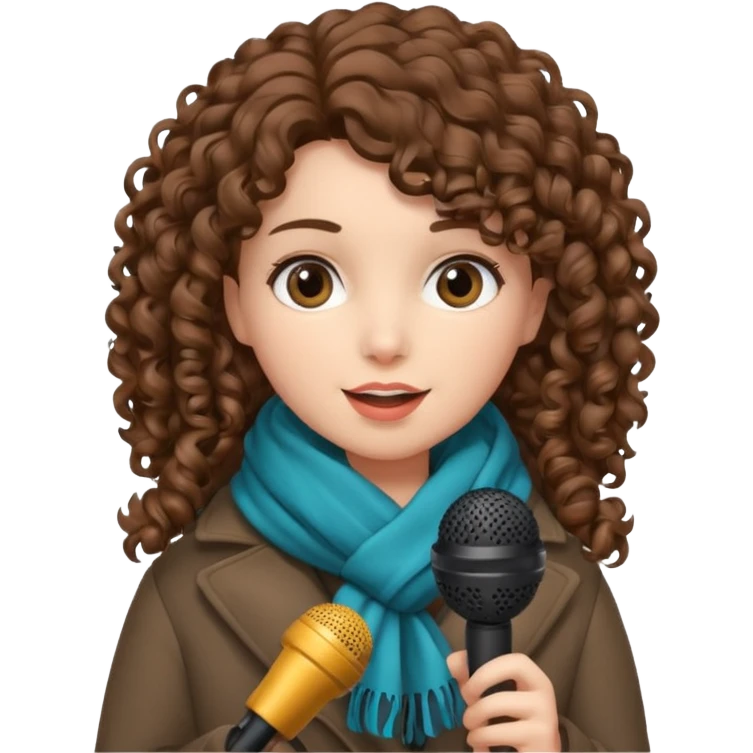 curly haired woman with winter clothes holding microphone emoji