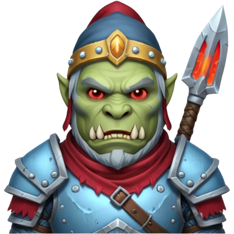 
Fantasy Christmas orc legion soldier icon, iron tundra army theme, heavy winter armor, disciplined brutal look, icy blue steel armor with deep crimson accents, frozen metal texture, cold winter atmosphere, male variant emoji