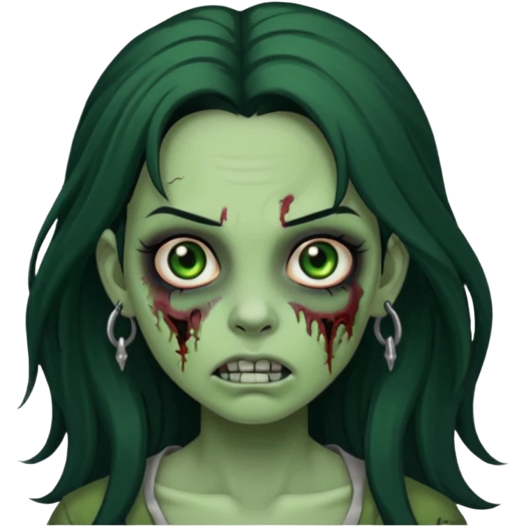 Zombie girl with a facial piercings long black hair green skin emoji