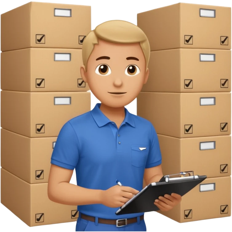 A person holding a clipboard with checklist marks next to stacked boxes, indicating stock or inventory management. emoji