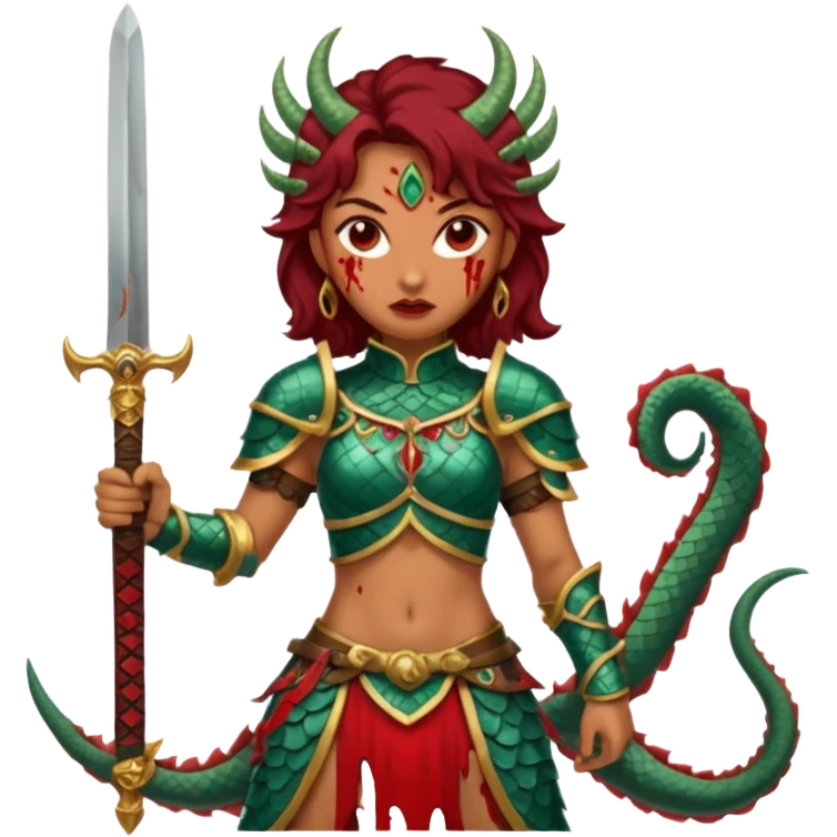 Fierce Latina in armor with a sword after a battle cutting off the head of a hydra emoji