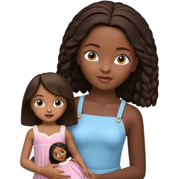 Boneca digital em estilo 3D realista e fofo, semelhante a uma boneca colecionável. Mulher jovem com pele negra, olhos castanhos escuros, cabelo liso cor chocolate, longo e bem alinhado.  emoji