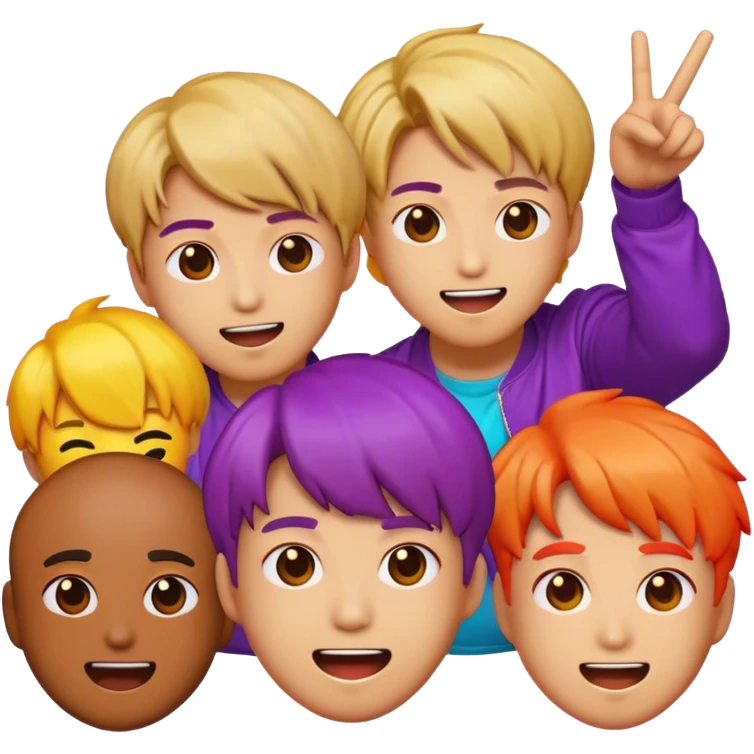 Cinematic Realistic BTS Pop Culture Emoji, featuring a dynamic, energetic portrayal of the acclaimed K-pop group rendered with vibrant textures and energetic, colorful lighting. emoji
