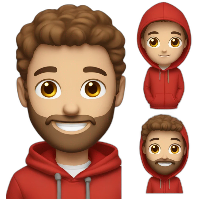 white dude smiling with a brown beard and short brown hair with a red hooded hoodie with "Posh" embroidered on the hoodie emoji