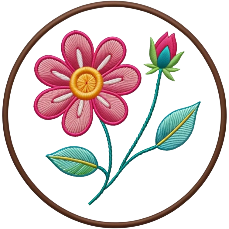 Embroidery icon, needle with thread, embroidered flower pattern, fabric with stitching, vibrant threads, minimalistic style, clean lines, transparent background. emoji
