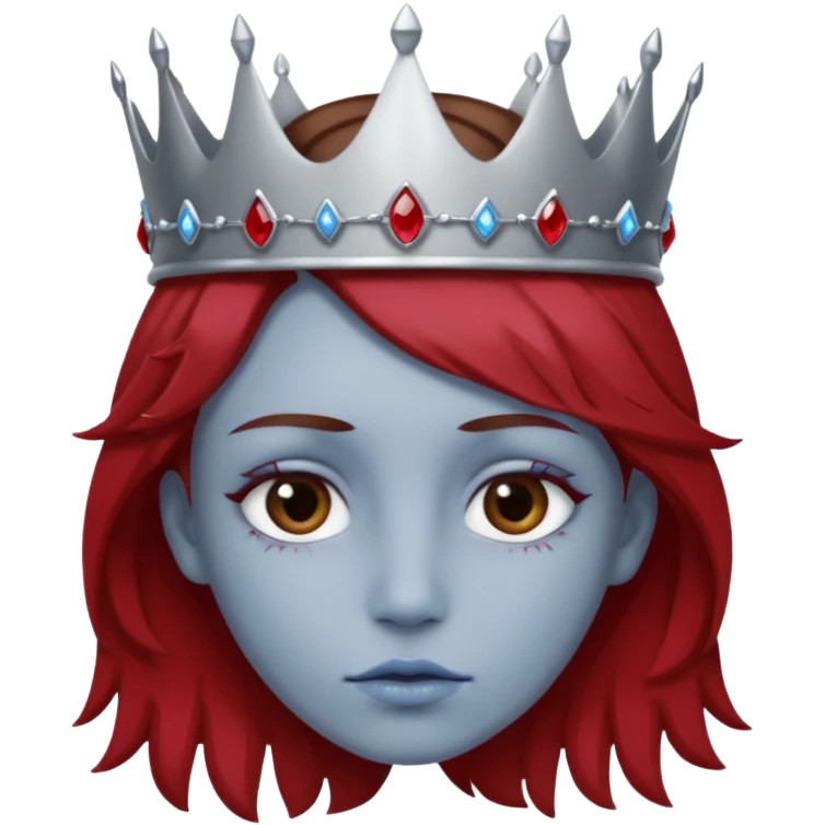 grey head with right eye blue and left eye red. he has messy brown hair and a silver crown with rubies on it emoji