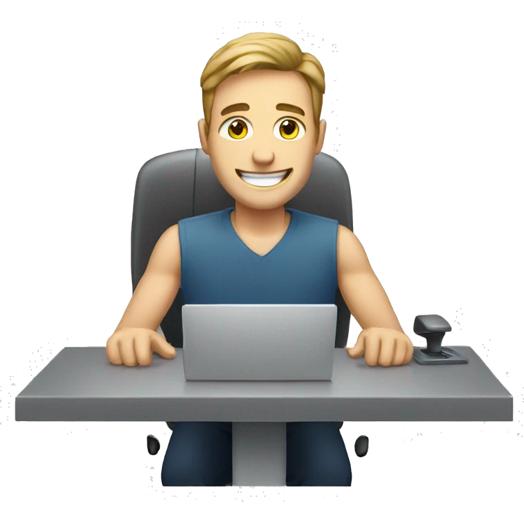 a white man work at desk see a monitor is smiling  emoji