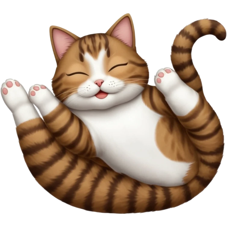 dark brown tabby and white cat in funny positions upside down with eyes closed emoji