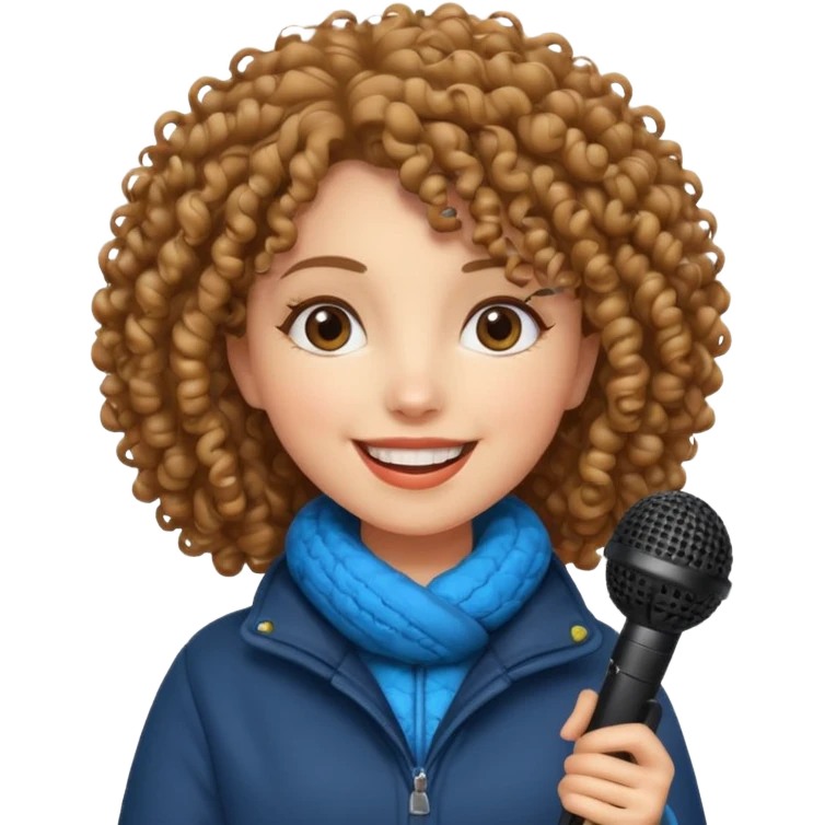 curly haired woman with winter clothes holding microphone emoji