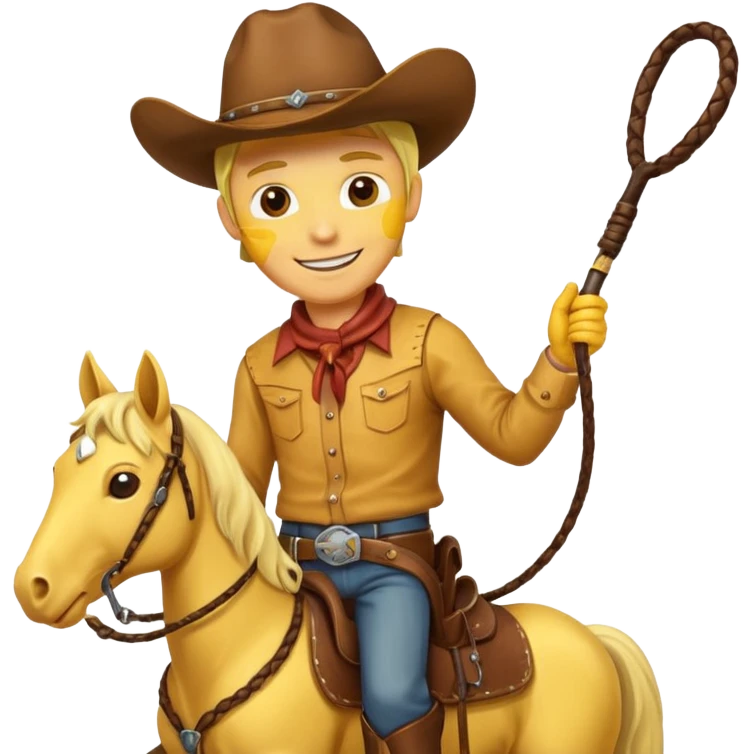 Cowboy riding a horse with whip. With yellow skin and smilling. Simplize it and I need a full pic with horse. Like I need the leg part too emoji