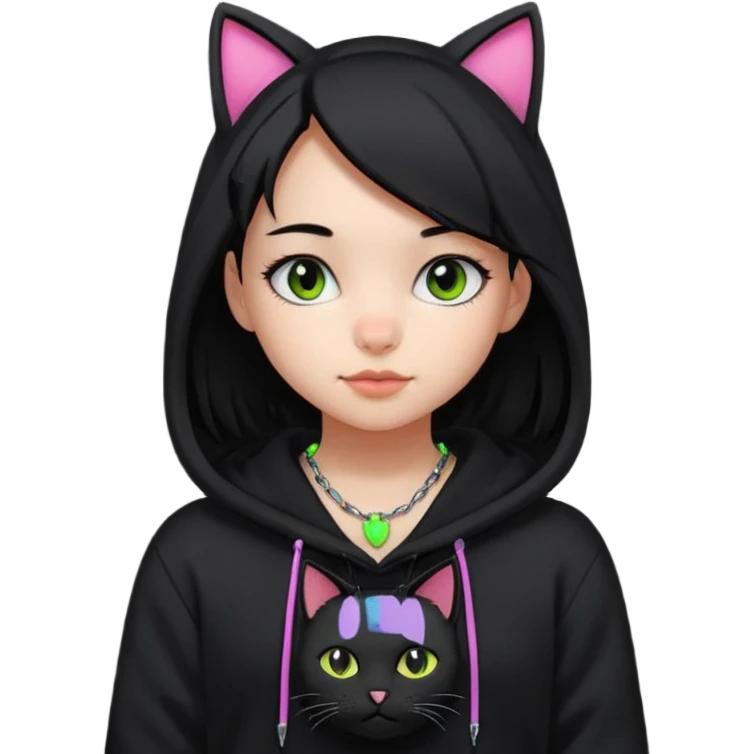 후드티 입은 초딩여자 아이. 검은색 후드티와 검은 머리. 목에는 검은 네온 고양이 emoji