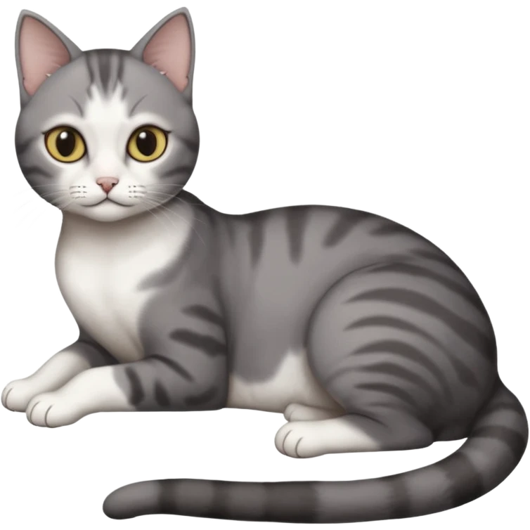 full body tiny short hair dark grey and white cat with white front legs anh azel eyes lying down emoji