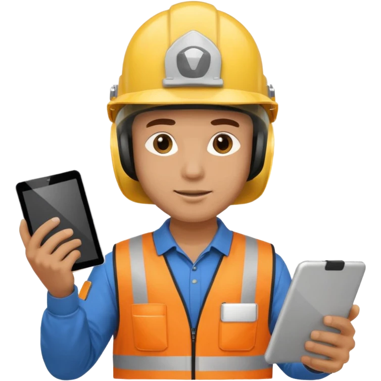 a guy wearing safety outfit with helmet holding a safety first tablet ...