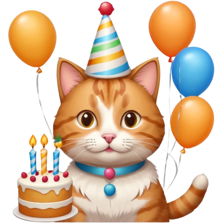 has al gatito tom con globos, un cono de fiesta y un pastel emoji