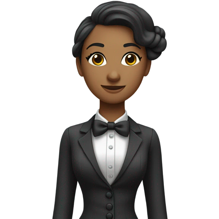 a female butler with a professional and elegant demeanor. She has her hair neatly tied in a ponytail and wears a classic butler uniform, including a tailored vest, crisp white shirt, and bow tie. emoji