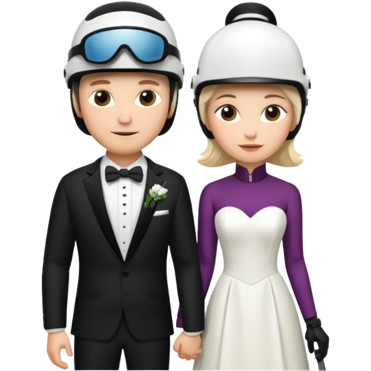a recently marries couple skiing, ski helmet on in wedding dress and tux emoji