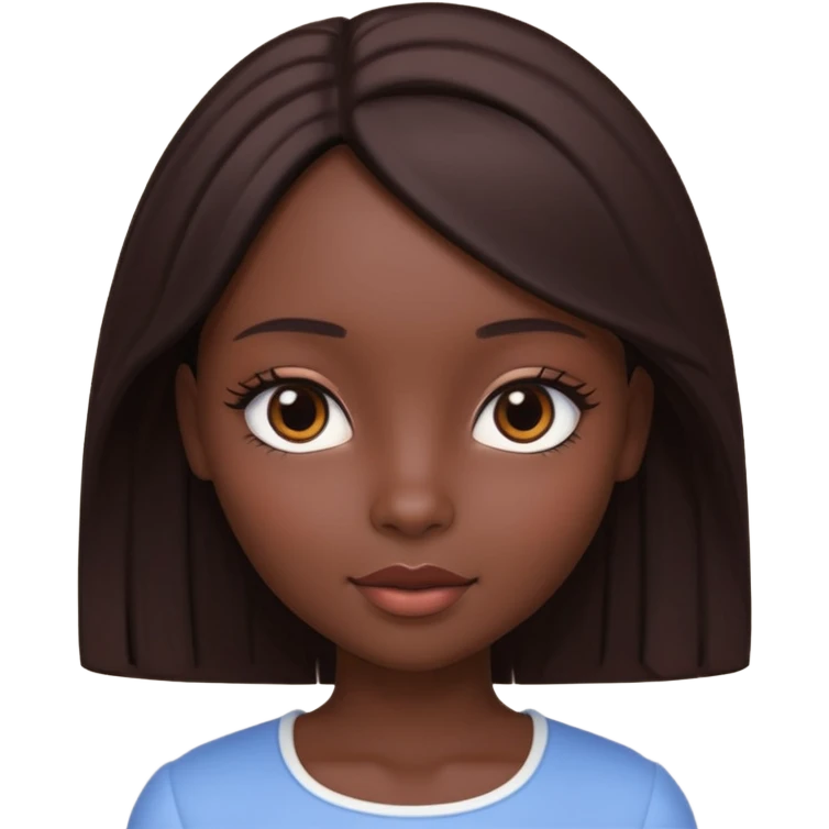 Boneca digital em estilo 3D realista e fofo, semelhante a uma boneca colecionável. Mulher jovem com pele negra, olhos castanhos escuros, cabelo liso cor chocolate, longo e bem alinhado.  emoji