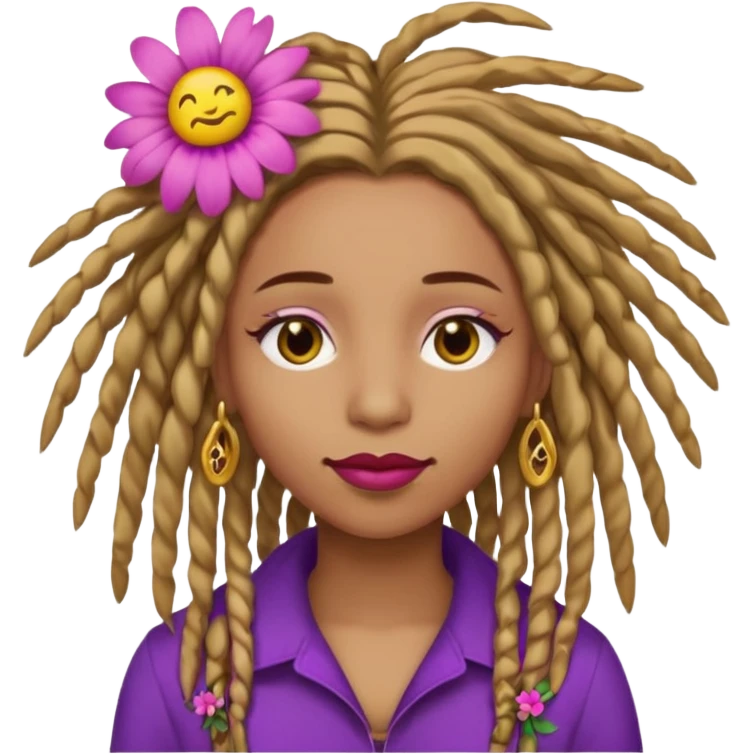 Gold dread locs pink emoji face purple flower in the hair red lipstick light brown face  just the face  emoji