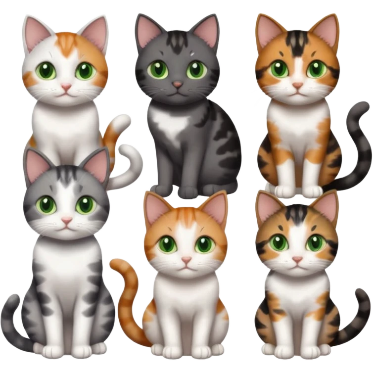 6 different coloured small cats including a dark grey and white, and a patchy calico, and a brown tabby and white,  and a completely solid dark grey with green eyes and only white paws emoji